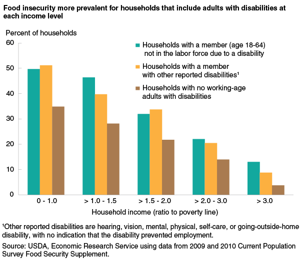 This chart shows: 'Food insecurity more prevalent for households that include adults with disabilities at each income level'.