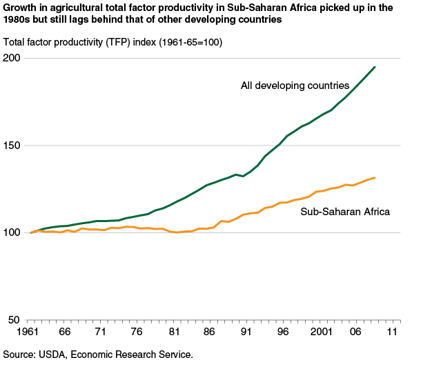 This chart shows: 'Growth in agricultural total factor productivity in Sub-Saharan Africa has lagged behind that of other developing countries'.