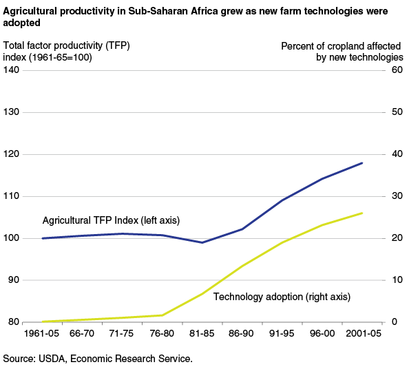 This chart shows: 'Agricultural productivity in Sub-Saharan Africa grew as new farm technologies were adopted'.