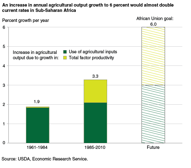 This chart shows: 'An increase in annual agricultural output growth to 6 percent would almost double current rates in Sub-Saharan Africa'.
