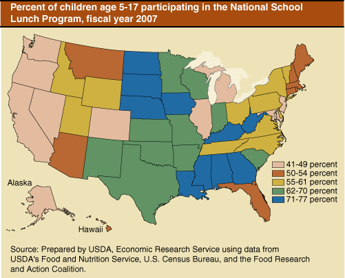 This chart shows: 'Percent of children age 5-17 participating in the National School Lunch Program, fiscal year 2007'.