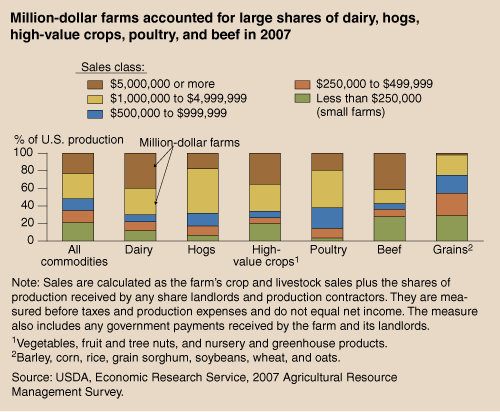 This chart shows: 'Million-dollar farms accounted for large shares of dairy, hogs, high-value crops,poultry,and beef in 2007'.