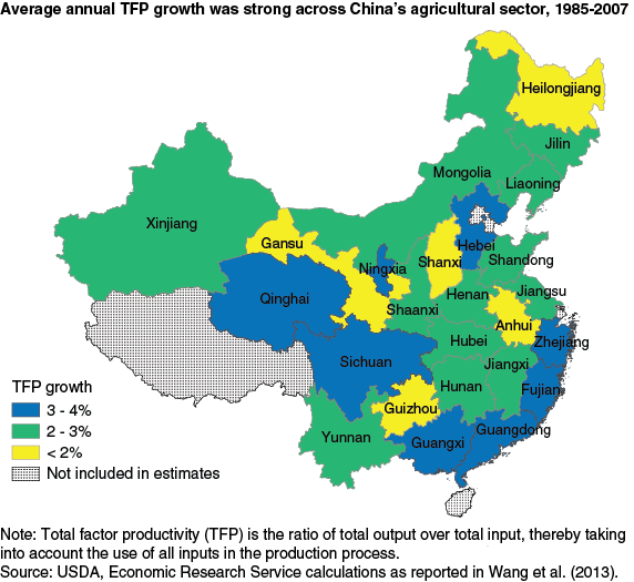 This chart shows: 'Average annual TFP growth was strong across China's agricultural sector, 1985-2007'.