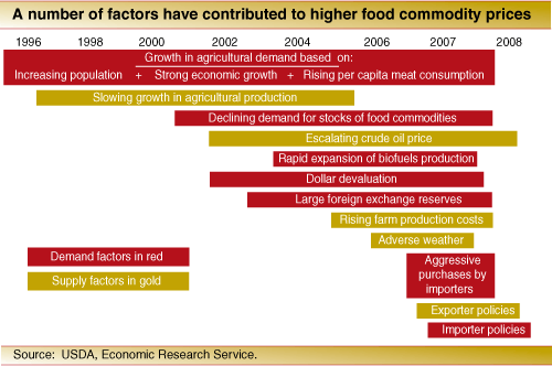 This chart shows: 'A number of factors have contributed to higher food commodity prices'.