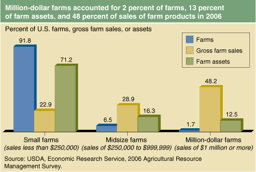 This chart shows: 'Million-dollar farm accounted for 2 percent of farms, 13 percent of farm assets, and 48 percent of sales of farm products in 2006'.