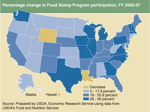 This chart shows: 'Percentage change in Food Stamp Program participation, FY 2003-07'.