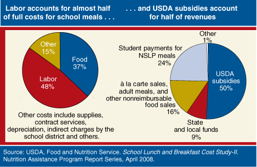 This chart shows: 'Labor Accounts for almost half of full costs for school meals..., ... and USDA subsidies account for half of revenues'.