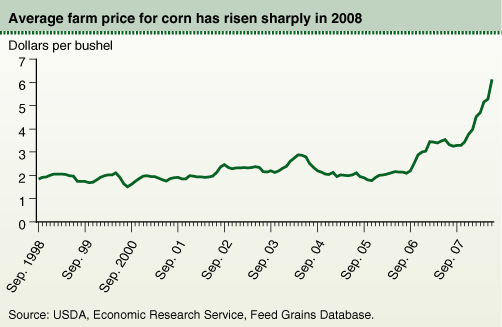 This chart shows: 'Average farm price for corn has risen sharply in 2008'.