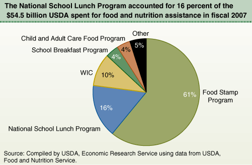 This chart shows: 'The National School Lunch Program accounted for 16 percent of the 54.5 billion USDA spent for food and nutrition assistance in fiscal 2007'.