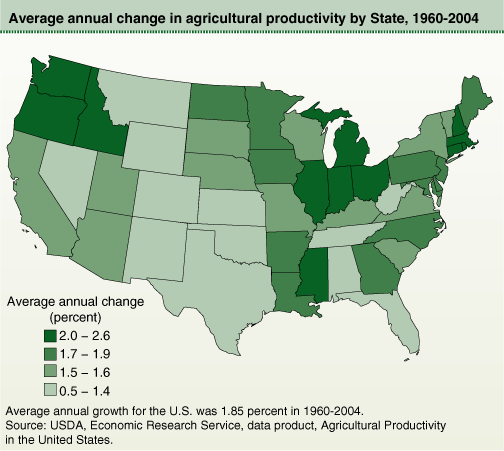 This chart shows: 'Average annual change in agricultural productivity by State, 1960-2004'.