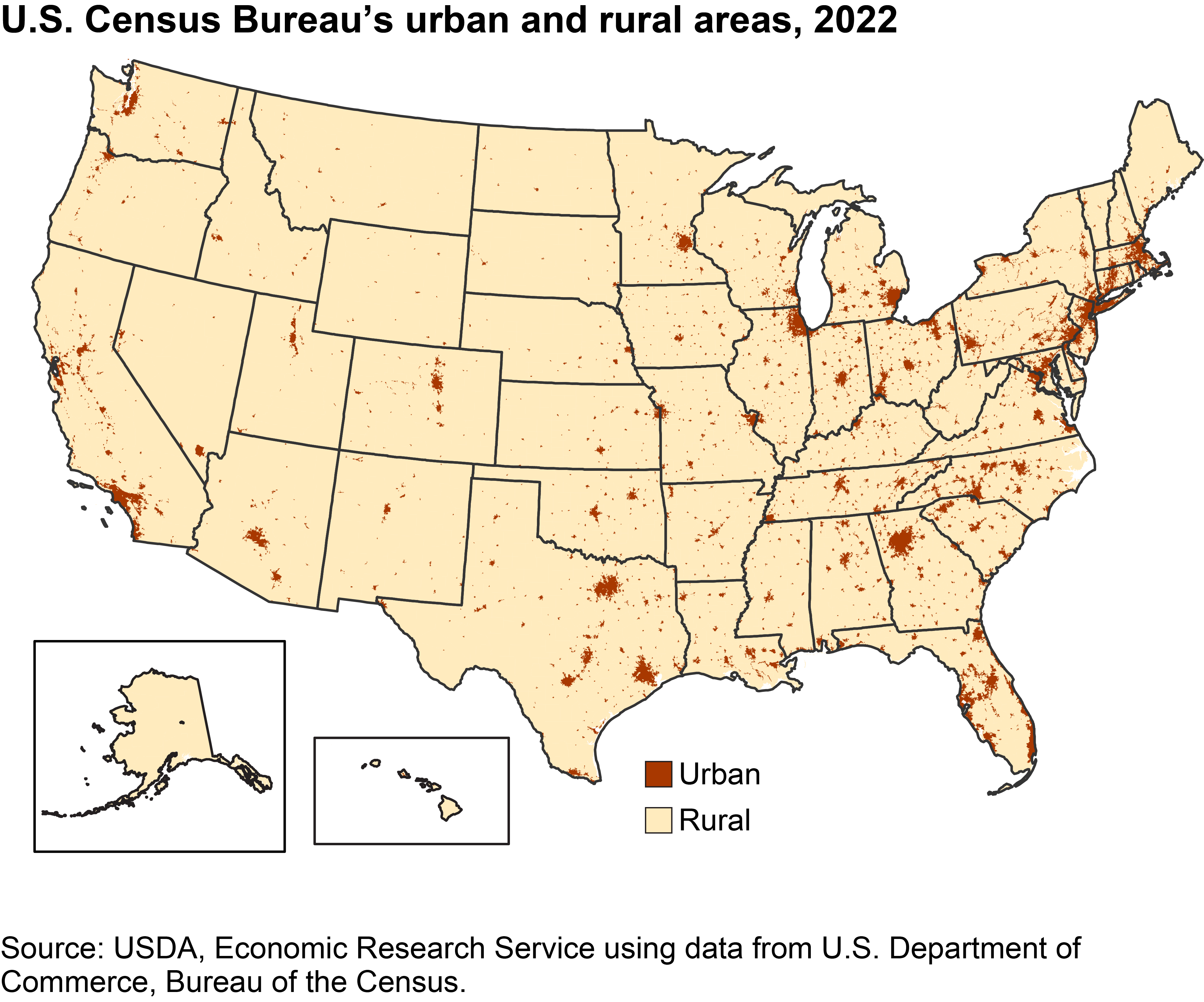 Map of the United States with dots representing urban areas according to U.S. Census Bureau, 2022