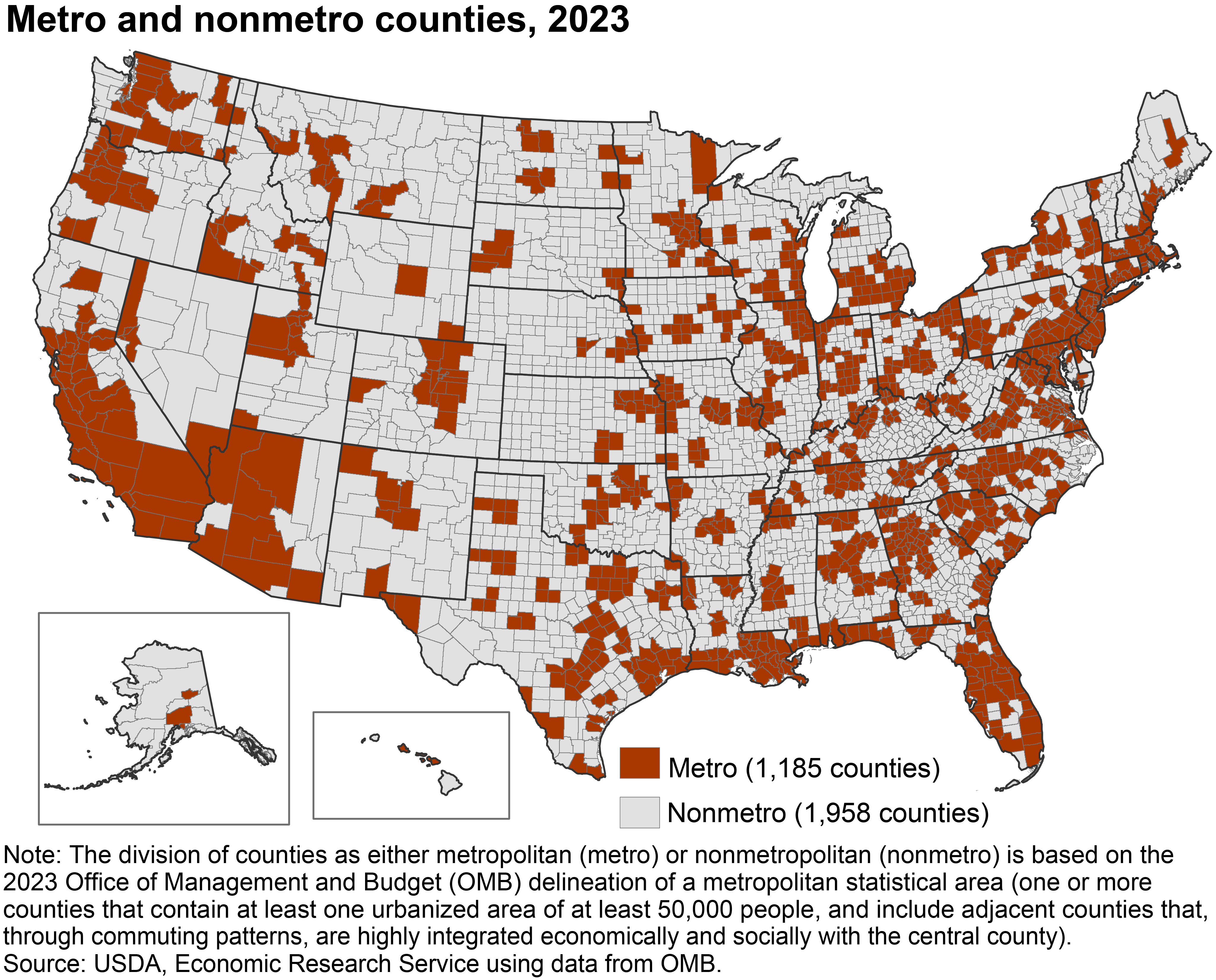 Metro and nonmetro counties, 2023