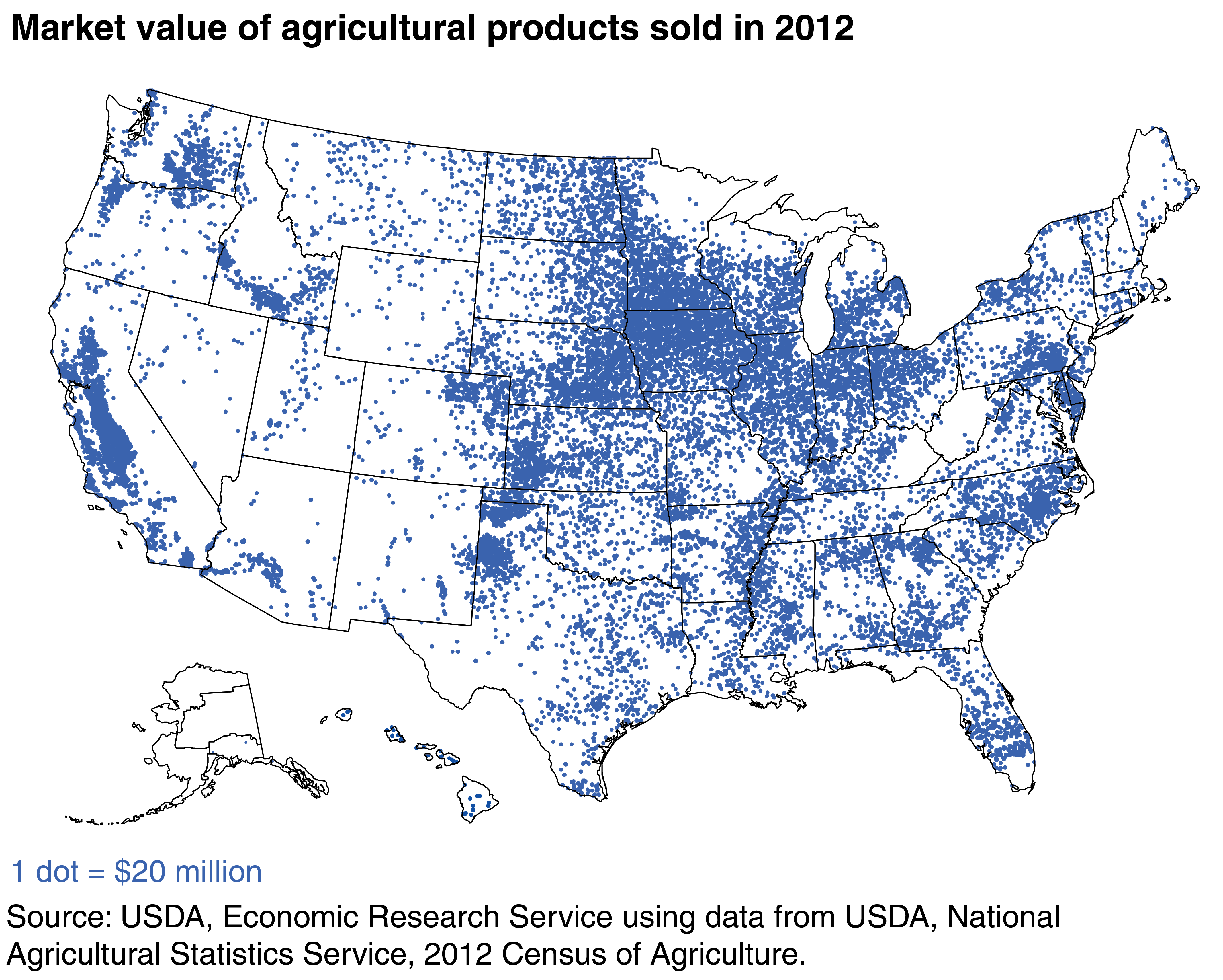Area map of the United States using dots to show the dispersal of the value of agricultural products sold in 2012.