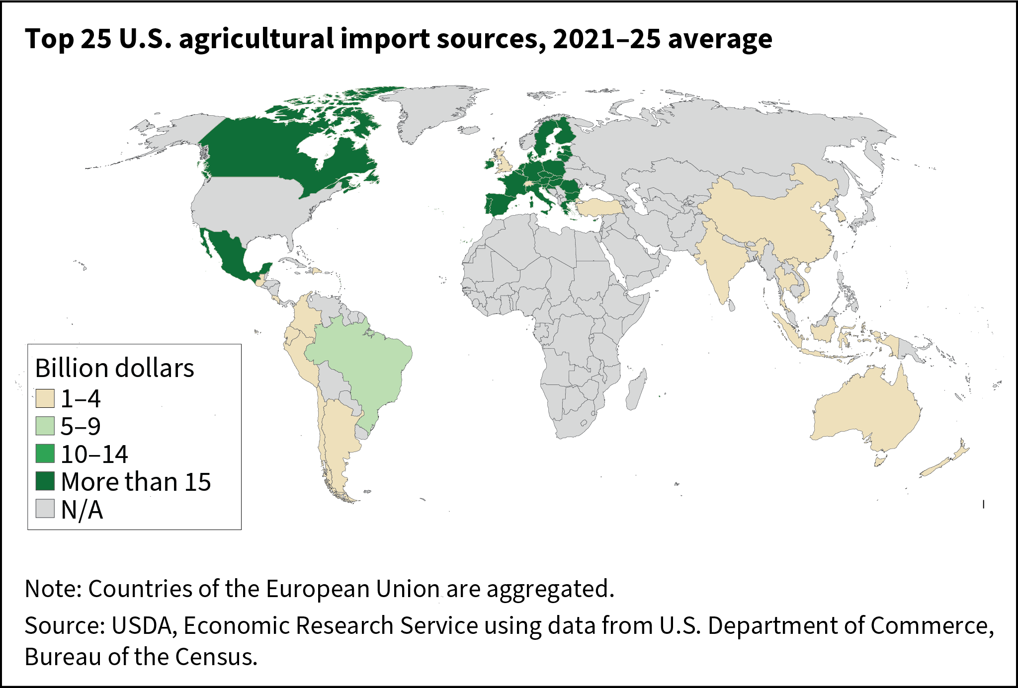 World map shaded to indicate sources of U.S. agricultural imports from 2021-25 showing most value in Canada, Mexico, and European countries