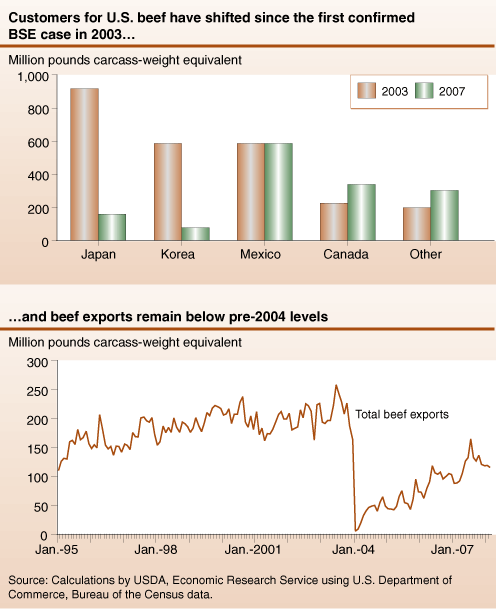 This chart shows: 'Customers for U.S. beef have shifted since the first confirmed BSE case in 2003'.