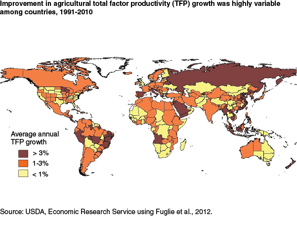 This chart shows: 'Improvement in agricultural total factor productivity (TFP) growth was highly variable among countries, 1991-2010'.