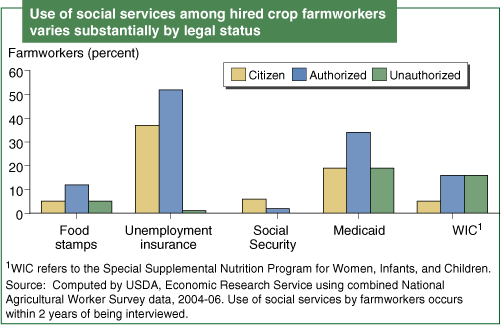 This chart shows: 'Use of social services among hired crop farmworkers varies substantially by legal status'.