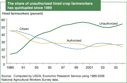 This chart shows: 'The share of unauthorized hired crop farmworkers has quintupled since 1989'.