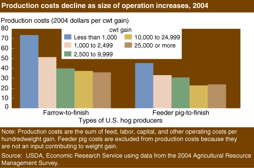 This chart shows: 'Production costs decline as size of operation increases, 2004'.