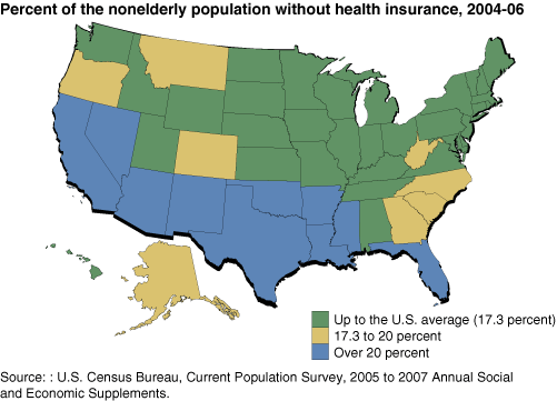 This chart shows: 'Percent of the nonelderly population without health insurance, 2004-06'.
