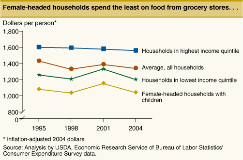 This chart shows: 'Female-headed households spend the least on food from grocery stores. . .'.