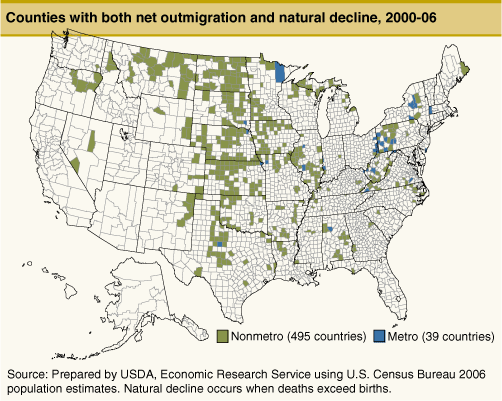 This chart shows: 'Counties with both net outmigration and natural decline, 2000-06'.