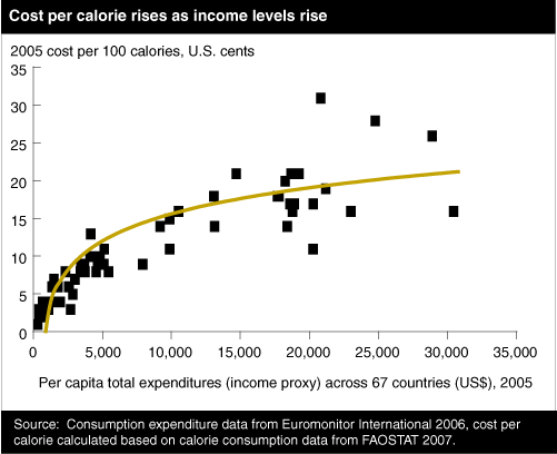 This chart shows: 'Cost per calorie rises as income levels rise'.