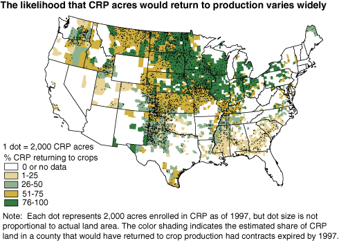This chart shows: 'U.S. map showing that the likelihood that CRP acres would return to production varies widely'.