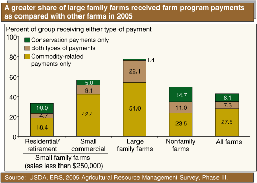 This chart shows: 'A greater share of large family farms received farm program payments as compared with other farms in 2005'.