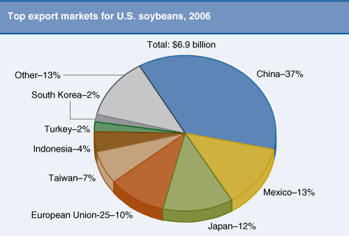 This chart shows: 'Top export markets for U.S. soybeans, 2006.'.