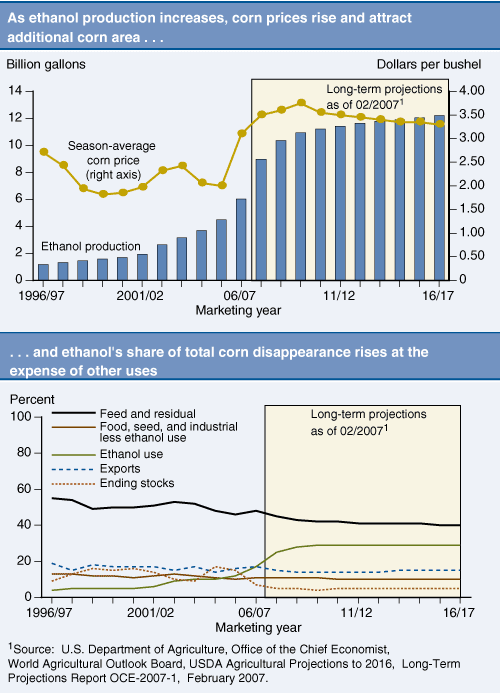 This chart shows: 'Chart 1: As ethanol production increases, corn prices rise and attract additional corn area . . .; Chart 2:  . . . and ethanol's share of total corn disappearance rises at the expense of other uses'.