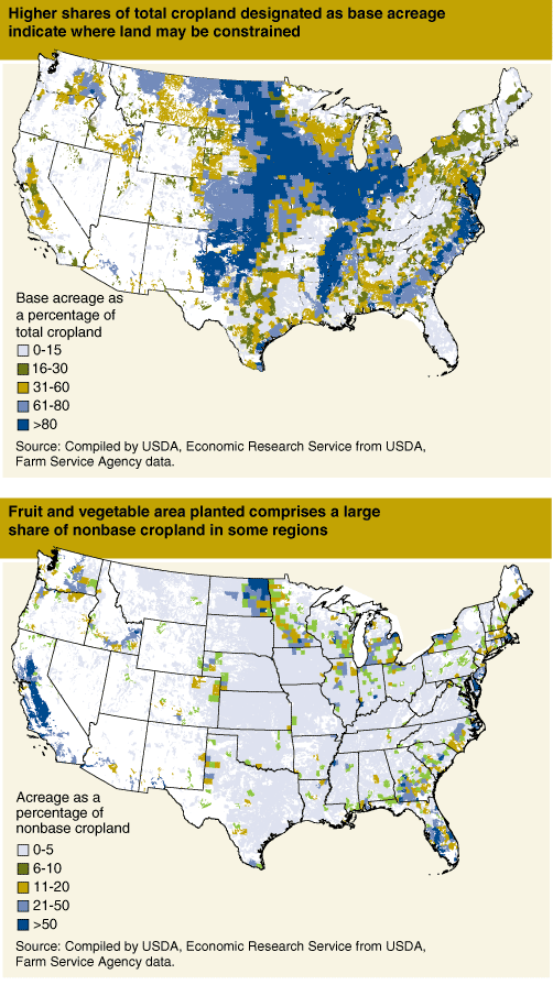 This chart shows: 'Map 1: Higher shares of total cropland designated as base acreage indicate where land may be constrained ; Map 2: Fruit and vegetable area planted comprises a  large share of nonbase cropland in some regions.'.