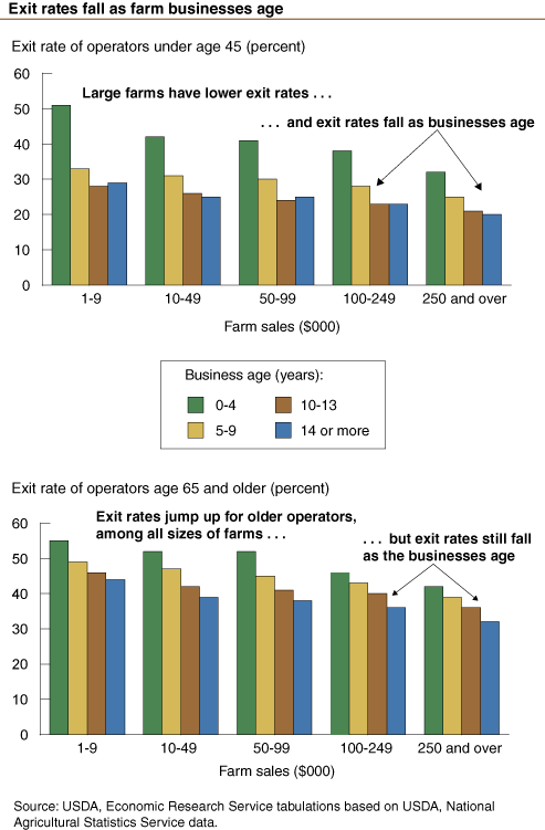 This chart shows: 'Exit rates fall as farm businesses age'.