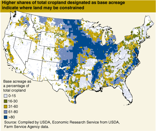 This chart shows: 'Higher shares of total cropland designated as base acreage indicate where land may be constrained'.