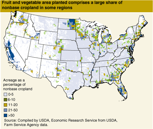 This chart shows: 'Fruit and vegetable area planted comprises a large share of nonbase cropland in some regions'.