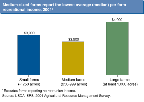 This chart shows: 'Medium-sized farms report the lowest average (median) per farm recreational income, 2004'.