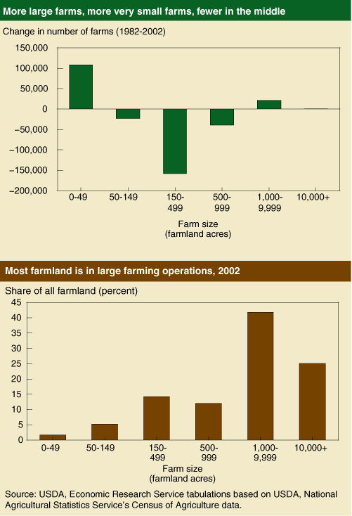 This chart shows: 'Chart 1: More large farms, more very small farms, fewer in the middle; Chart 2: Most farmland is in large farming operations, 2002'.