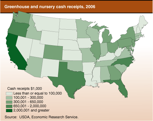 This chart shows: 'Greenhouse and nursery cash receipts, 2006'.