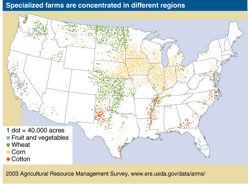 This chart shows: 'Specialized farms are concentrated in different regions'.