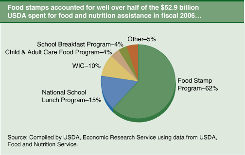 This chart shows: 'Food stamps accounted for well over half of the $52.9 billion  USDA spent for food and nutrition assistance in fiscal 2006...'.