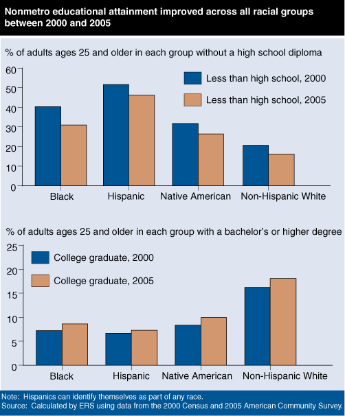 This chart shows: 'Nonmetro educational attainment improved across all racial groups between 2000 and 2005'.