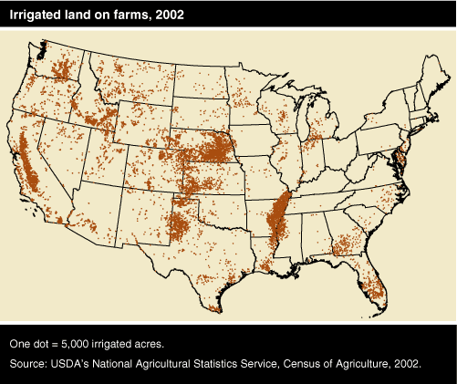 This chart shows: 'Irrigated land on farms, 2002'.