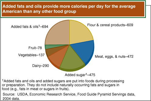 This chart shows: 'Added fats and oils provide more calories per day for the average American than any other food group'.