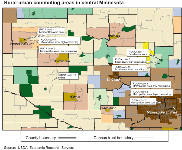 This chart shows: 'Rural-Urban Commuting Areas in central Minnesota'.