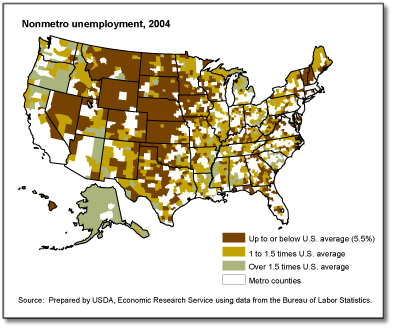 This chart shows: 'U.S. map showing nonmetro unemployment, 2004'.