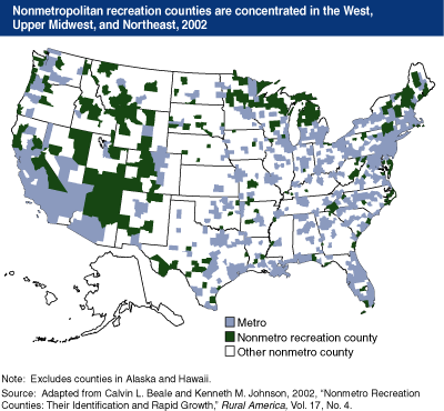 This chart shows: 'Nonmetropolitan recreation counties are concentrated in the West, Upper Midwest, and Northeast, 2002'.