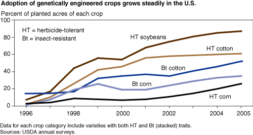 This chart shows: 'Adoption of genetically engineered crops grows steadily in the U.S.'.