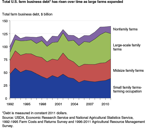 This chart shows: 'Total U.S. farm business debt* has risen over time as large farms expanded'.