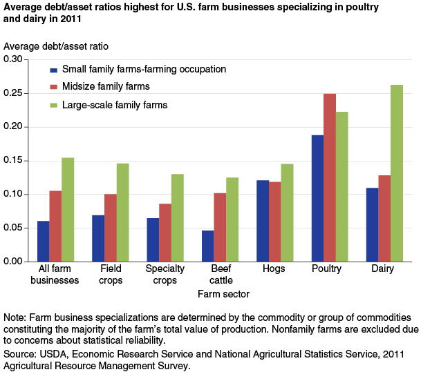 This chart shows: 'Average debt/asset ratios highest for U.S. farm businesses specializing in poultry and dairy in 2011'.