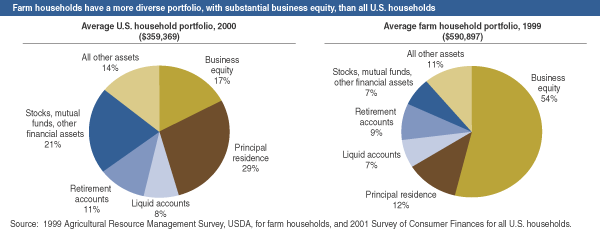 This chart shows: 'Farm housholds have a more diverse portfolio, with substantial business equity, than all of U.S. households'.